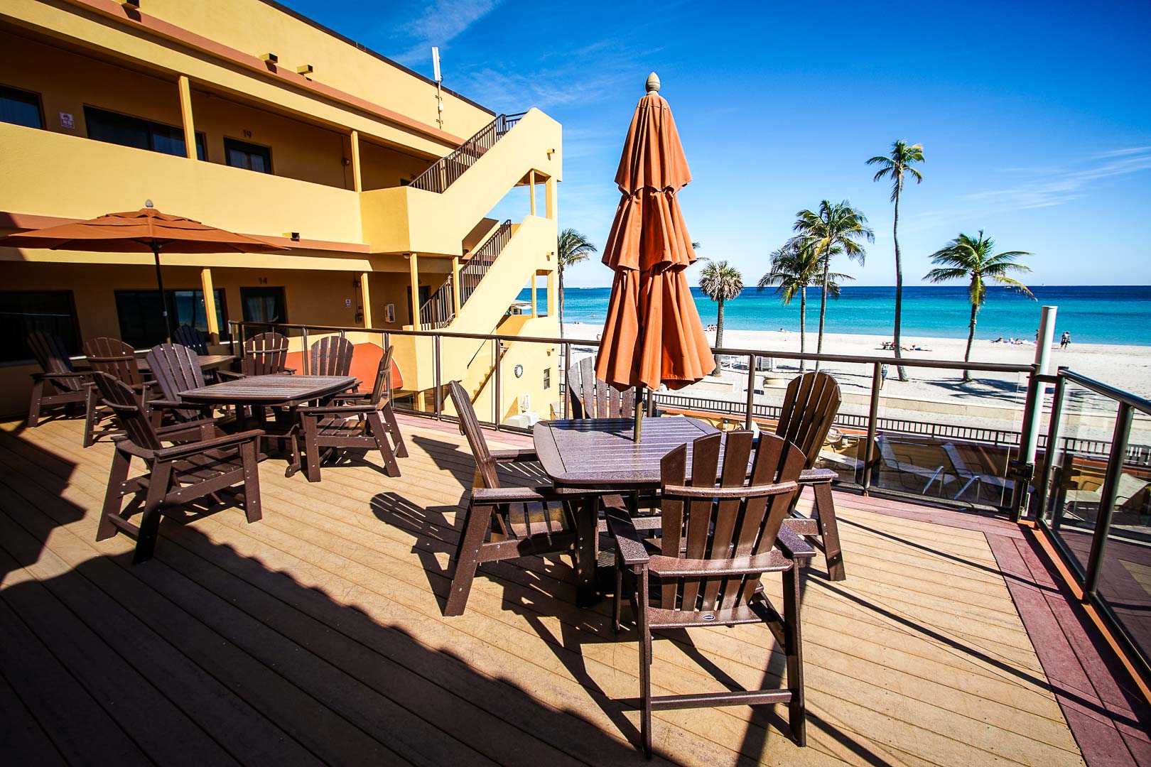 A beach view from the resort's patio deck at VRI's Hollywood Sands Resort in Hollywood, Florida.